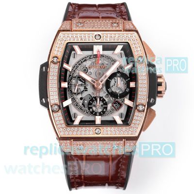 Swiss 1-1 Clone Hublot Spirit of Big Bang 45mm Rose Gold Diamond Leather Strap Watch 